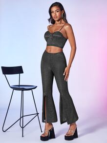 SHEIN BAE Glitter Cami Top & Split Hem Flare Leg Trousers - Dark Grey - View 4
