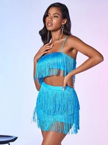 SHEIN BAE 流蘇邊吊帶短上衣和包臀半身裙 - 薄荷藍 - 查看 5