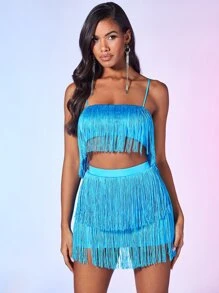 SHEIN BAE 流蘇邊吊帶短上衣和包臀半身裙 - 薄荷藍 - 查看 6