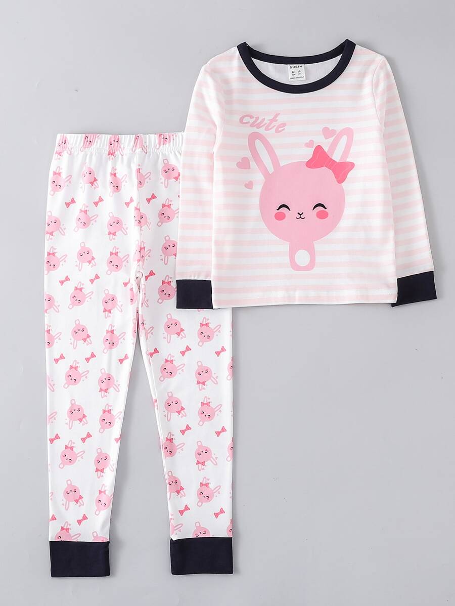 Chicas Conjunto de pijama de rayas & con estampado de dibujos animados ajustado