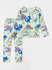 Boys Cartoon Graphic Tee & Trousers Snug Fit PJ Set - Mint Green - View 1