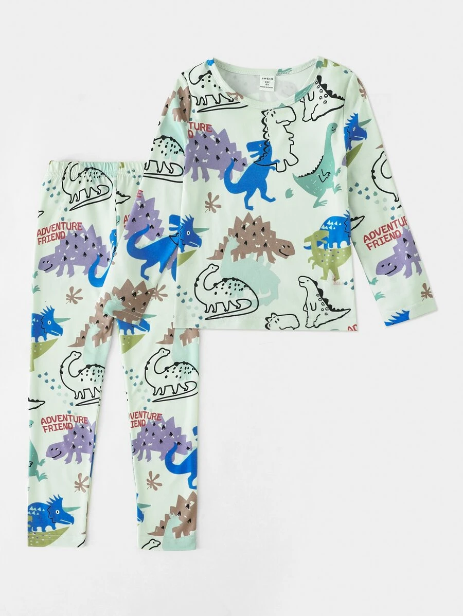 Boys Cartoon Graphic Tee & Trousers Snug Fit PJ Set - Mint Green - View 1