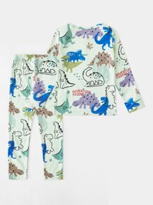 Boys Cartoon Graphic Tee & Trousers Snug Fit PJ Set - Mint Green - View 2