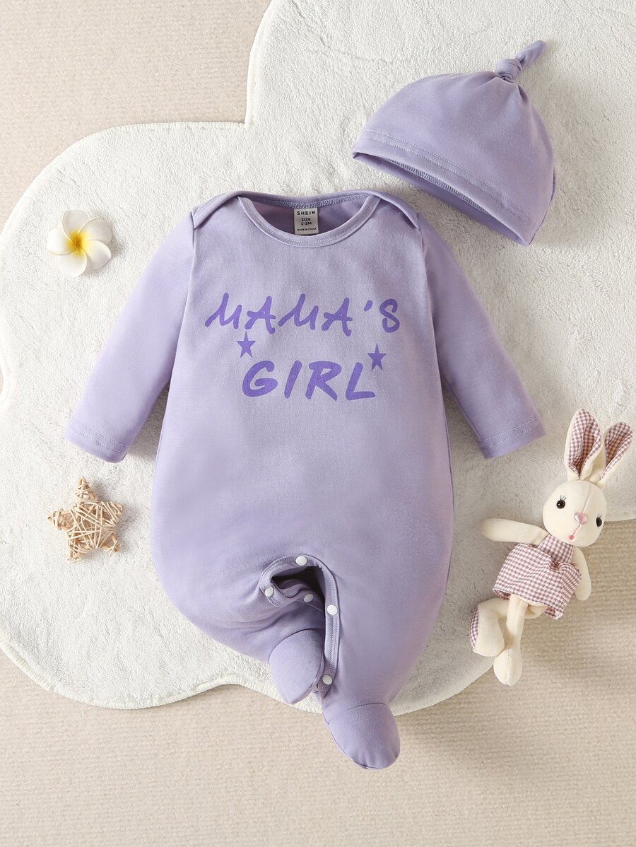 嬰兒字母圖案包腳連體睡衣和帽 - 紫色 - 查看 1