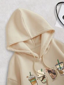 INAWLY Cartoon Graphic Kangaroo Pocket Drawstring Thermal Hoodie,Long Sleeve Tops - Apricot - View 4