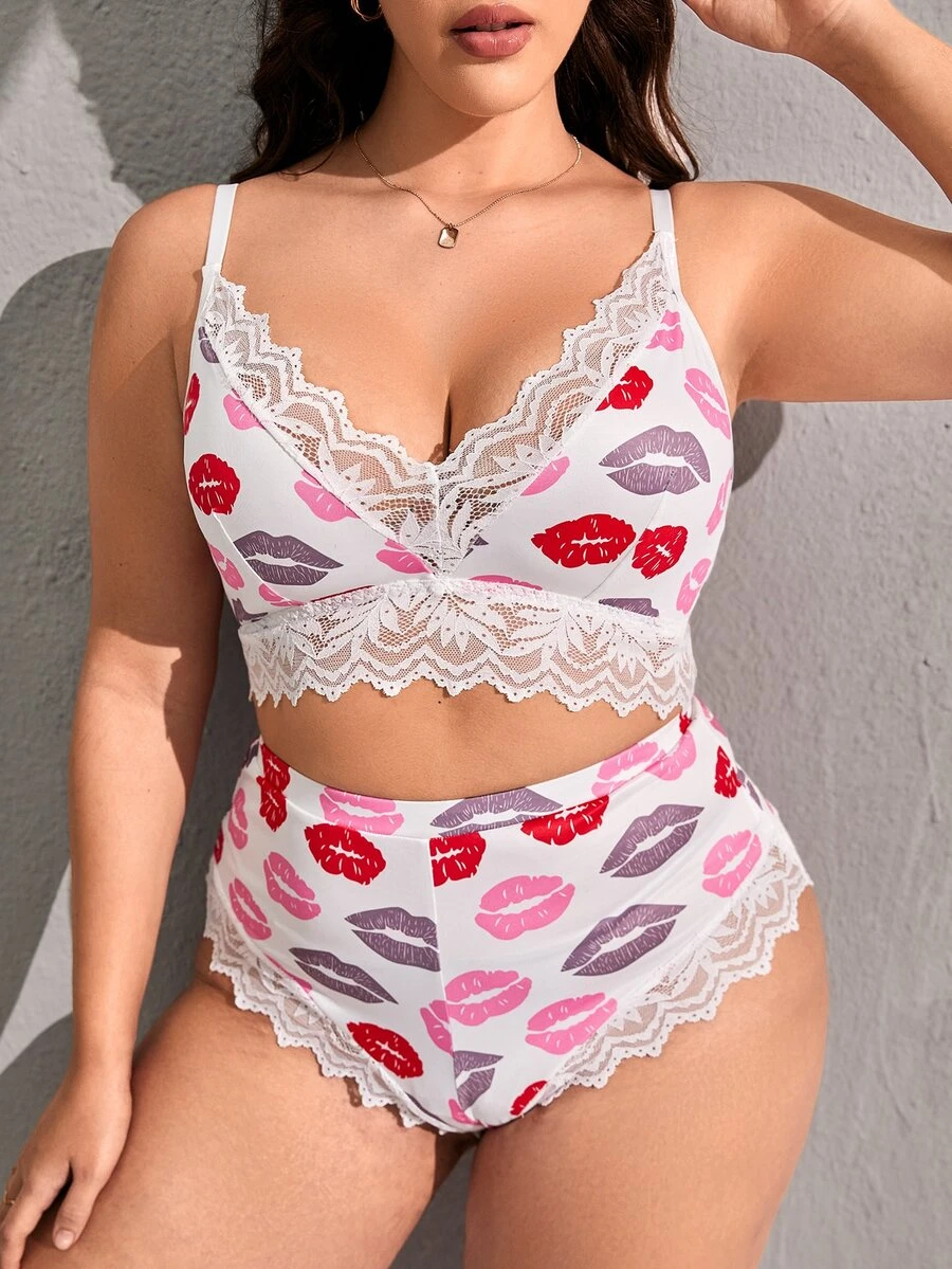 Plus Lace Trim Lip Print Lingerie Set - Multicolor - View 1