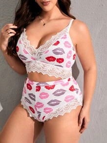 Plus Lace Trim Lip Print Lingerie Set - Multicolor - View 3