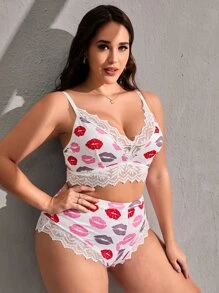 Plus Lace Trim Lip Print Lingerie Set - Multicolor - View 4
