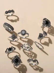 11 cái/bộ Kết hợp nhẫn hoa văn cắt kim loại dành cho nữ, thích hợp cho hộp đêm, tiệc tùng, đi chơi hàng ngày, làm việc, lễ hội và quà tặng sinh nhật - Màu Bạc Cổ - Xem 1
