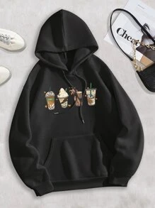 INAWLY Cartoon Graphic Drawstring Thermal Lined Hoodie Fall Cloth For Women - Black - View 1