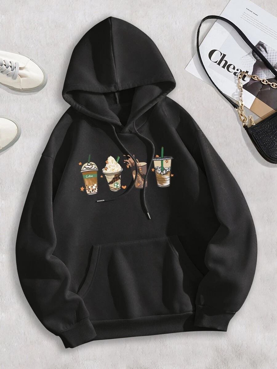 INAWLY Cartoon Graphic Drawstring Thermal Lined Hoodie Fall Cloth For Women - Black - View 1