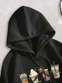 INAWLY Cartoon Graphic Drawstring Thermal Lined Hoodie Fall Cloth For Women - Black - View 5