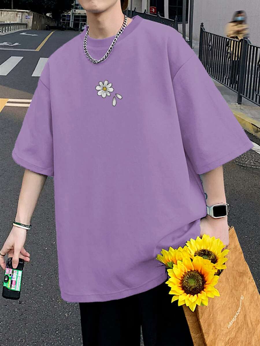 Manfinity Hypemode Men Floral Embroidery Drop Shoulder Oversize Tee - Mauve Purple - View 1