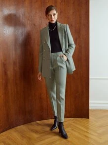 MOTF PREMIUM Women Suit Pants Nút Túi Dây kéo răng cưa - màu xanh lá - Xem 5
