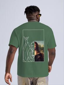 Manfinity EMRG Hombres Camiseta Mona Lisa con con estampado de letra - Verde militar - Ver 3
