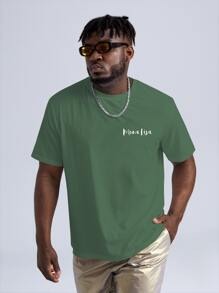 Manfinity EMRG Hombres Camiseta Mona Lisa con con estampado de letra - Verde militar - Ver 4