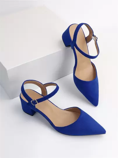 Fall/Winter 2025 Buckle Decor Point Toe Chunky Heeled Ankle Strap Faux Suede Pumps,Elegant,Elegant