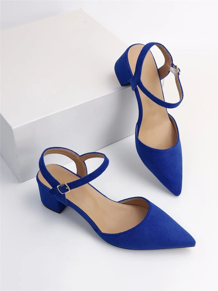Buckle Decor Point Toe Chunky Heeled Ankle Strap Faux Suede Pumps,Elegant,Elegant - Blue - View 1