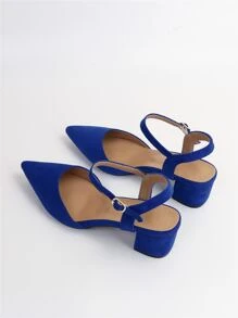 2025秋冬季搭扣装饰尖头粗跟踝带仿麂皮高跟鞋，优雅 - 藍色 - 查看 3