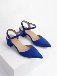 2025秋冬季搭扣装饰尖头粗跟踝带仿麂皮高跟鞋，优雅 - 藍色 - 查看 4