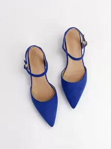 2025秋冬季搭扣装饰尖头粗跟踝带仿麂皮高跟鞋，优雅 - 藍色 - 查看 5