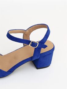 2025秋冬季搭扣装饰尖头粗跟踝带仿麂皮高跟鞋，优雅 - 藍色 - 查看 6