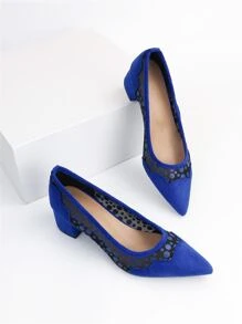 Zapatos de tacón de lunares de punta con tacón grueso - Azul - Ver 1