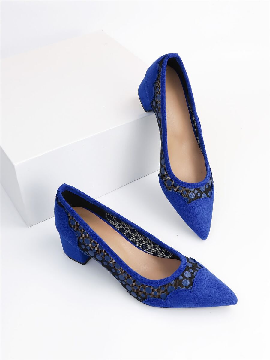 Zapatos de tacón de lunares de punta con tacón grueso - Azul - Ver 1