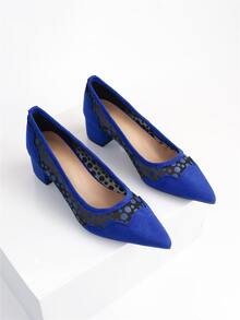 Zapatos de tacón de lunares de punta con tacón grueso - Azul - Ver 2