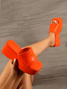 Neon-orange Wedge Slide Sandals - Orange - View 1