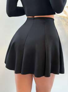 EURMUSE High Waist Solid Flare Skirt - Black - View 2