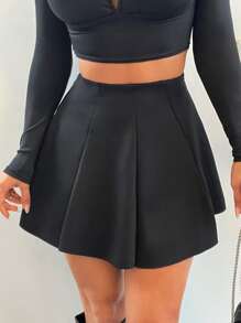 EURMUSE High Waist Solid Flare Skirt - Black - View 4