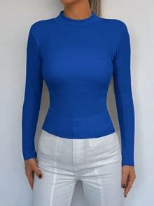 Mock Neck Rib-knit Tee - Màu xanh lam - Xem 3