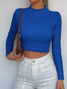 Mock Neck Rib-knit Tee - Màu xanh lam - Xem 5