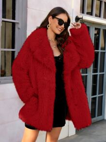 RELISH NOLESS Lapel Neck Slant Pockets Fuzzy Coat - Red - View 2