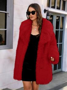 RELISH NOLESS Lapel Neck Slant Pockets Fuzzy Coat - Red - View 4