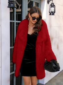 RELISH NOLESS Lapel Neck Slant Pockets Fuzzy Coat - Red - View 5