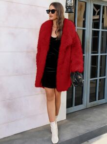 RELISH NOLESS Lapel Neck Slant Pockets Fuzzy Coat - Red - View 7