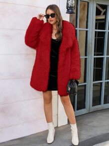 RELISH NOLESS Lapel Neck Slant Pockets Fuzzy Coat - Red - View 8