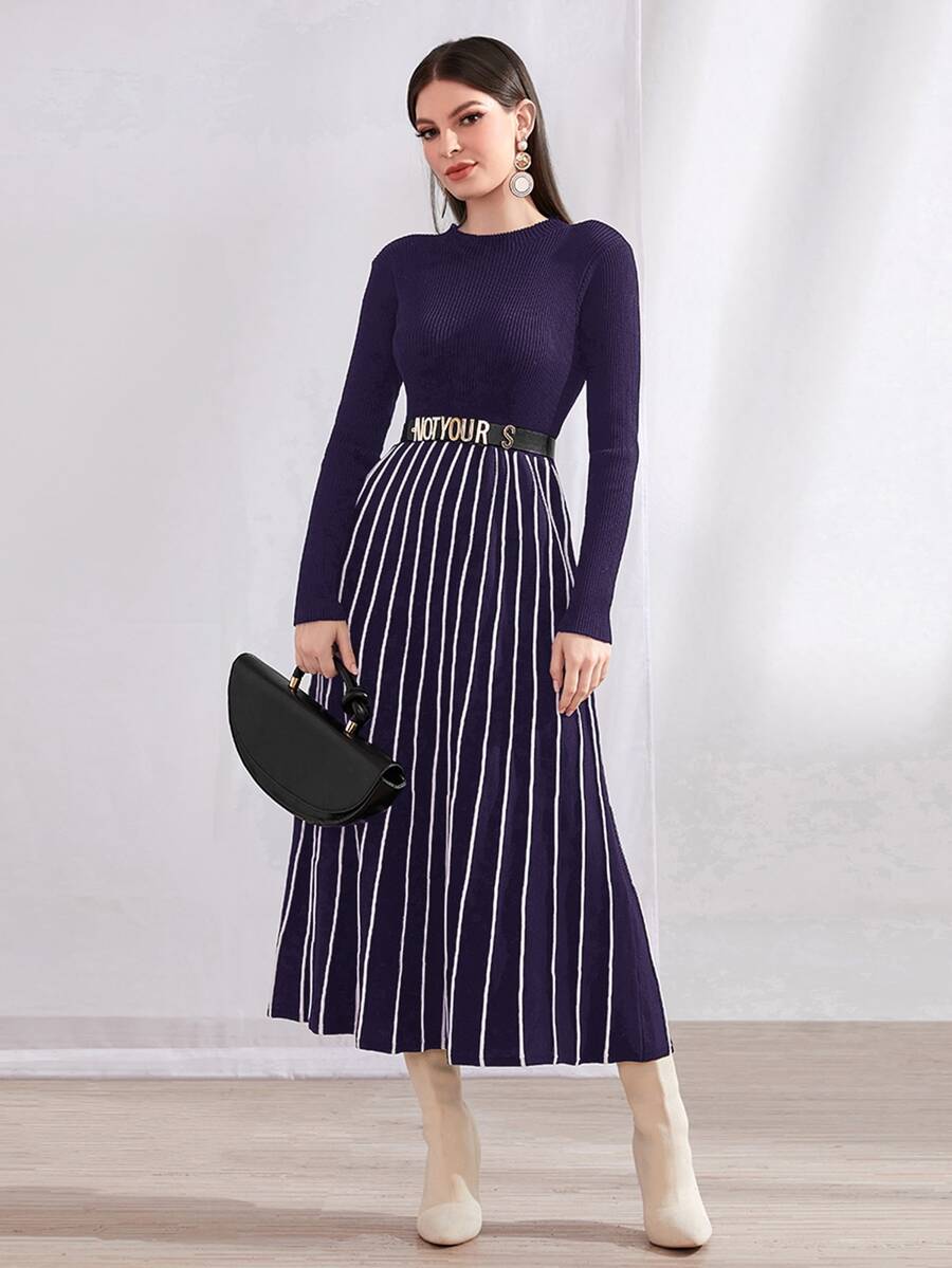 Modelyn Ladies áo len váy Sọc Thanh lịch - Màu tím - Xem 1