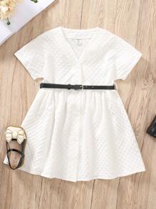 Niñitas Vestido con cinturón con botón delantero - Blanco - Ver 1