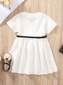 Niñitas Vestido con cinturón con botón delantero - Blanco - Ver 2