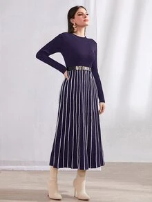 Modelyn Ladies áo len váy Sọc Thanh lịch - Màu tím - Xem 4