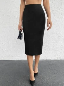EURMUSE 素色高腰後背開衩鉛筆裙 - 黑色 - 查看 1