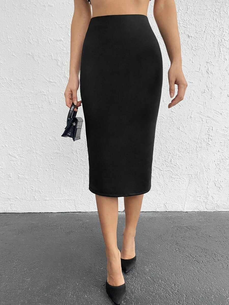 EURMUSE 素色高腰後背開衩鉛筆裙 - 黑色 - 查看 1