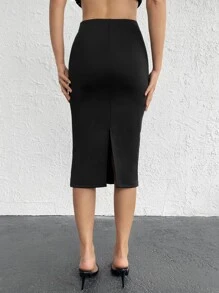 EURMUSE 素色高腰後背開衩鉛筆裙 - 黑色 - 查看 2