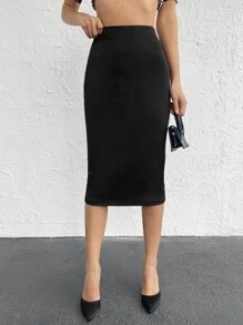 EURMUSE 素色高腰後背開衩鉛筆裙 - 黑色 - 查看 3