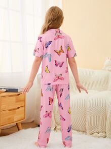 Girls Butterfly Print Contrast Piping PJ Set - Pink - View 2