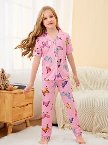 Girls Butterfly Print Contrast Piping PJ Set - Pink - View 5