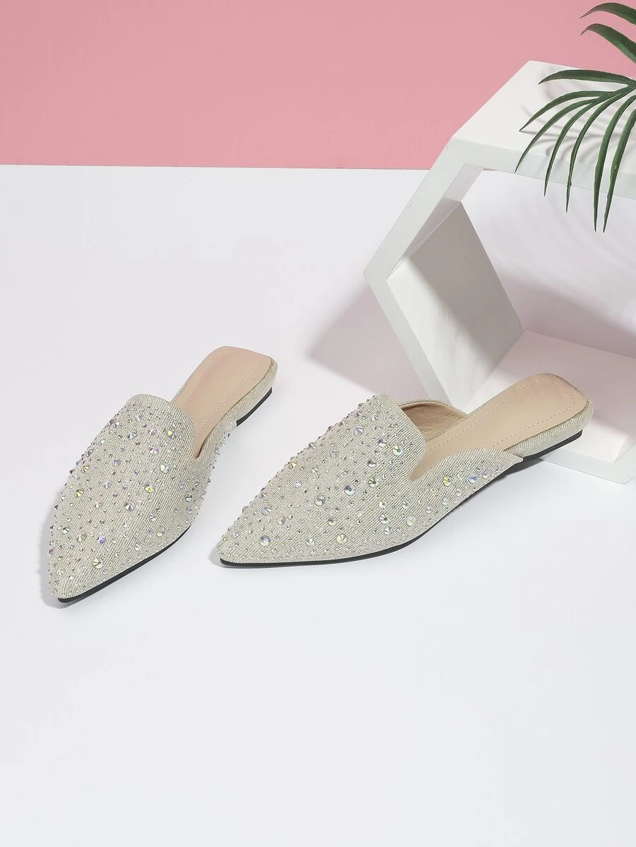 Mules planos brillante con diseño de diamante de imitación - Beis - Ver 1